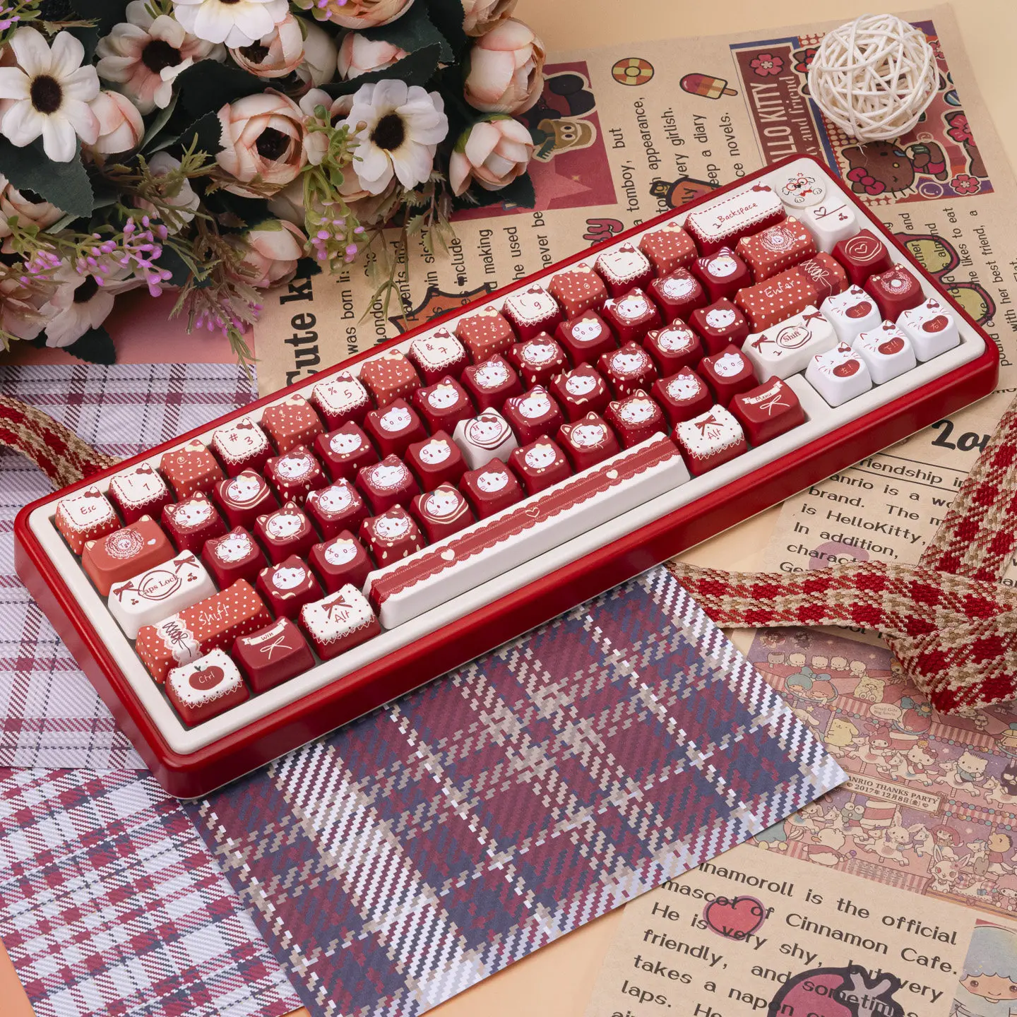 MAIMOOO Keycaps Red Velvet Cat Cute MAO Five-Sided Dye-Sublimated PBT For Customer Mechanical Keyboard Red Keycaps 129 Keys