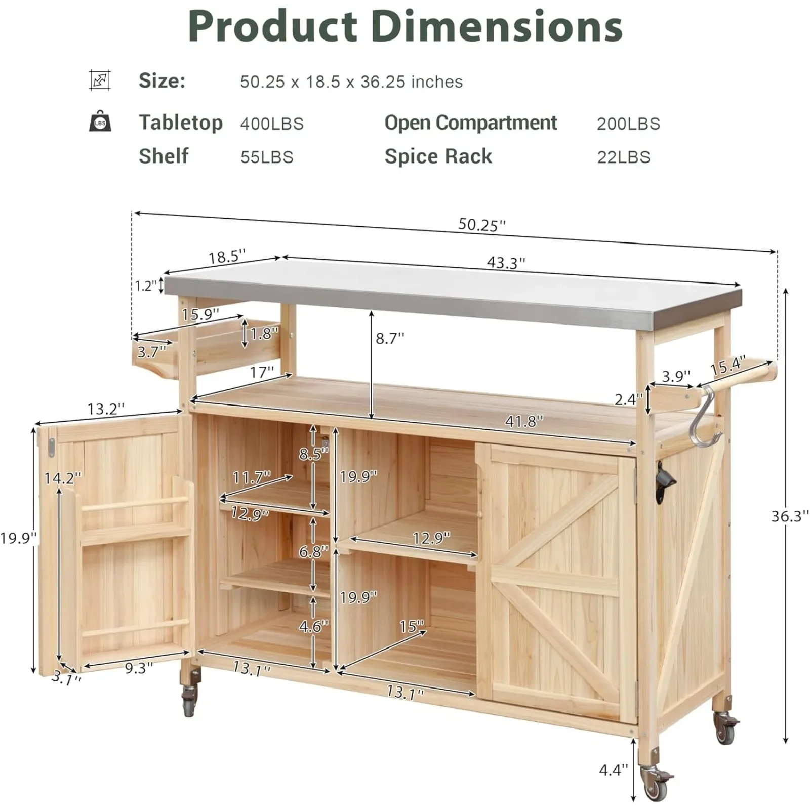 Outdoor Kitchen Grill Cart Island on Wheels with Stainless Steel Top,Farmhouse Solid Wood Frame Storage Cabinet for Patio