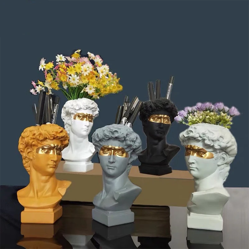 Resin David Flower Vase Greek Mythology Figurine David Head Portraits Creative Gypsum Statue Home Decorative Ornaments Art Decor