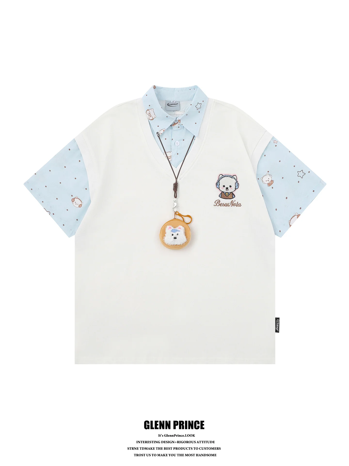 

GPstudio Japanese College Style Short Sleeve Shirt Men Summer Casual Dog Pendant Fake Two-Piece T-Shirt Breathable Cotton