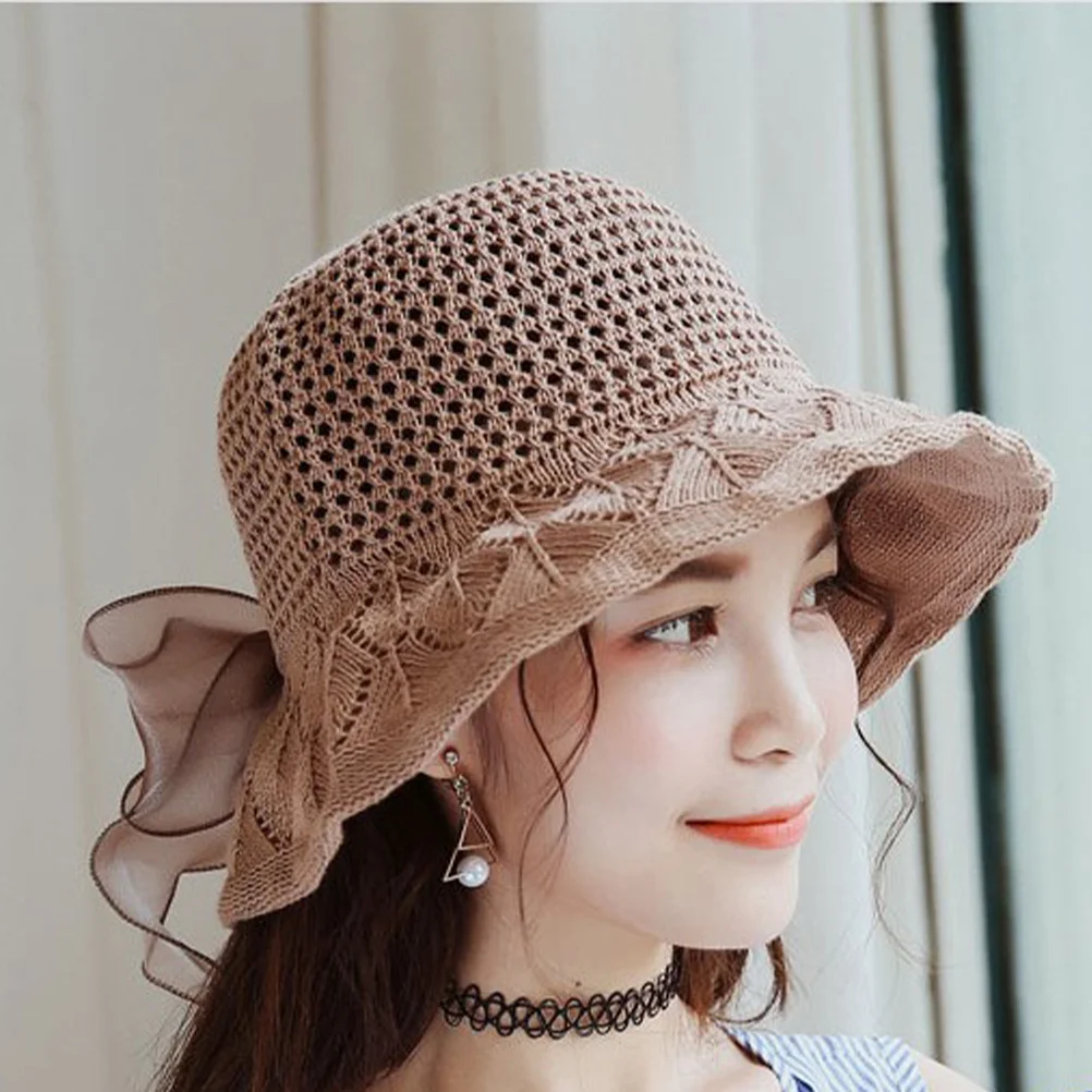 

1Pcs Sun Hat for Women Fashionable Mesh Sun Protection Cap with Bowknot Foldable Shade Hat for Beach Vacation Travel Outdoor
