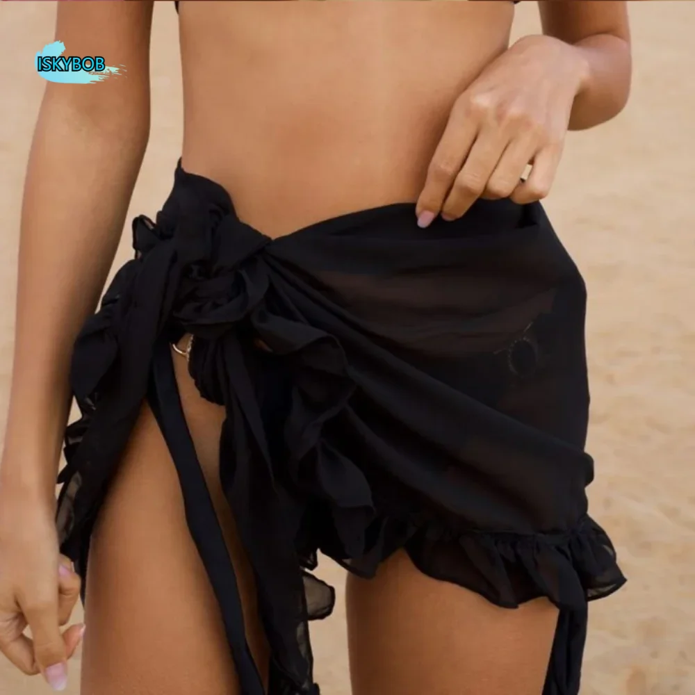 

Fashion Mesh Ruffle Beach Cover Ups Sheer Wrap Thin Transparent Swimwear Cover Ups Short Skirt Beachwear Skirt Women Swimwear