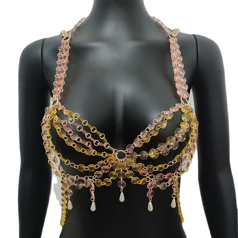 Handmade beads Ladies Bra Cross Body Chain Pearl Tassel Chest Chains Sexy Punk Beach Wedding Party Jewelry for girls