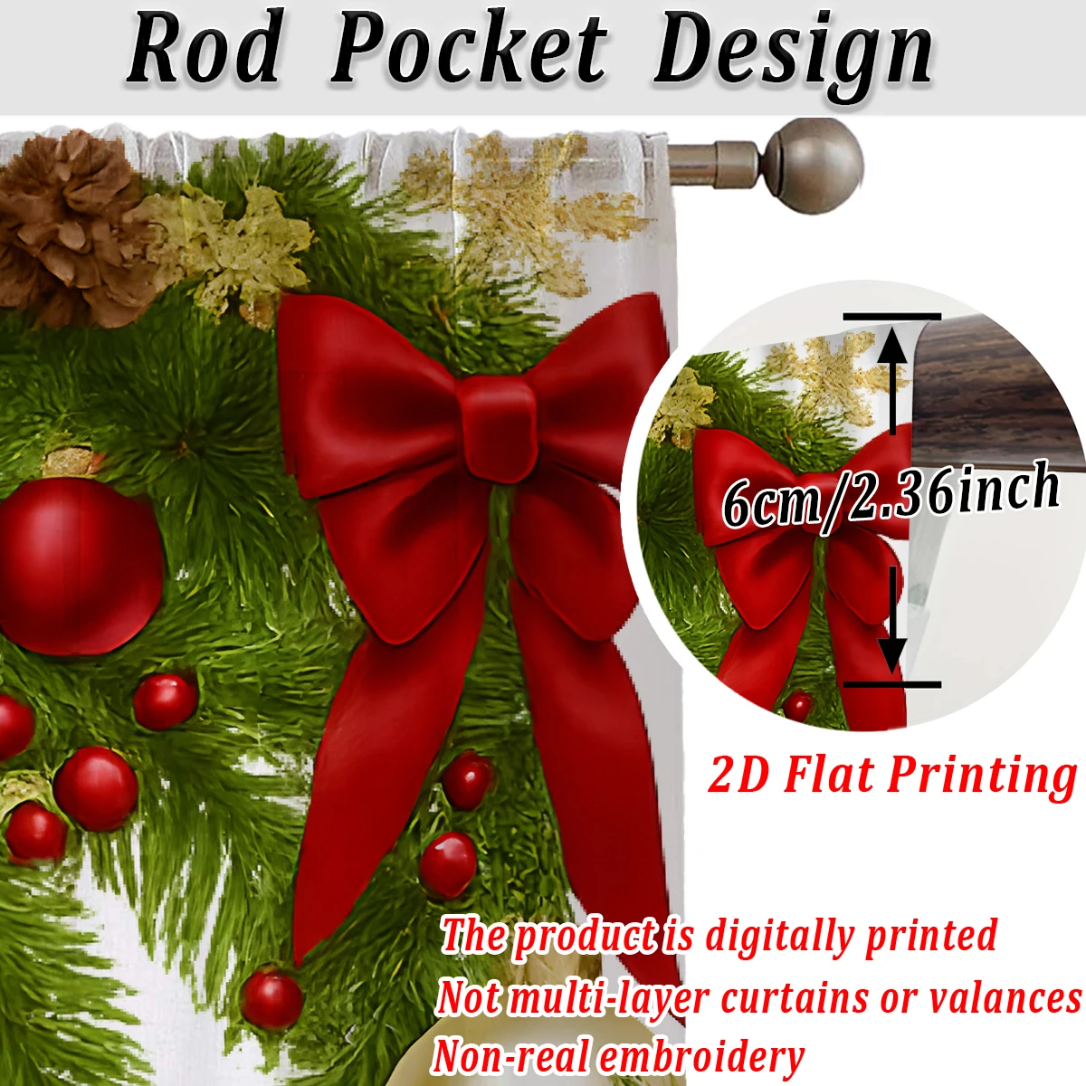 ستارة شفافة مطبوعة مسطحة لعيد الميلاد مع كرة عيد الميلاد وقوس ندفة الثلج وفرع الصنوبر وديكور غرفة المعيشة وحفلات العطلات