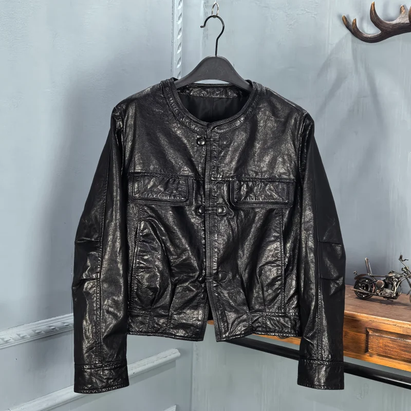 

Spring 2026 Women's Leather Biker Jaet Loose Fit round Ne ort Leather Coat Cowhide Oil Wax Jaet Outerwear
