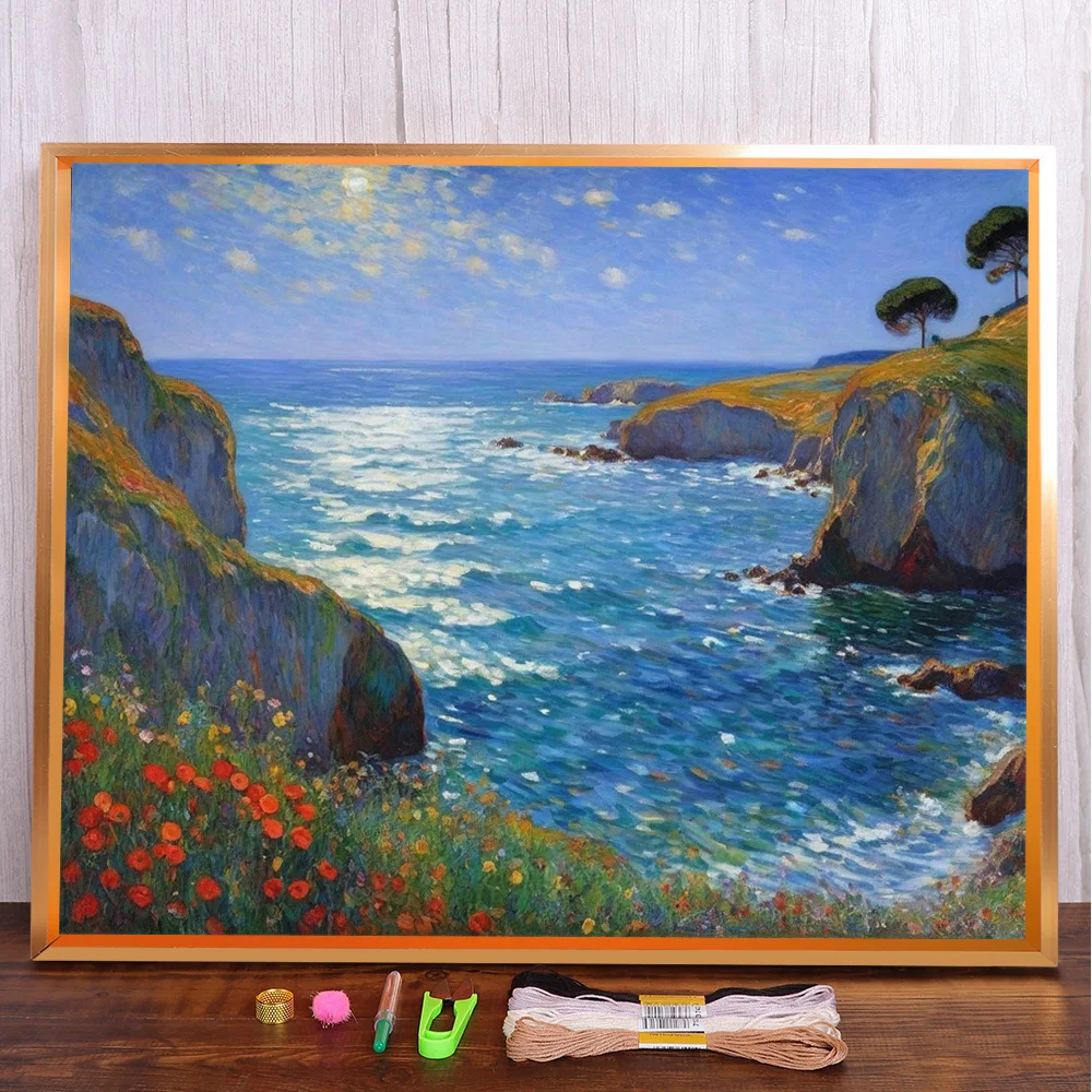 Seaside Scenery Printed Fabric Cross Stitch Full Kit Embroidery Craft Handmade Handicraft Handiwork Package Promotions Wholesale