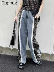 Women Leopard Print Denim Pants Patchwork Elastic Waist Buttons Pockets Loose Wide Leg Jeans High Street Vintage Trendy Summer