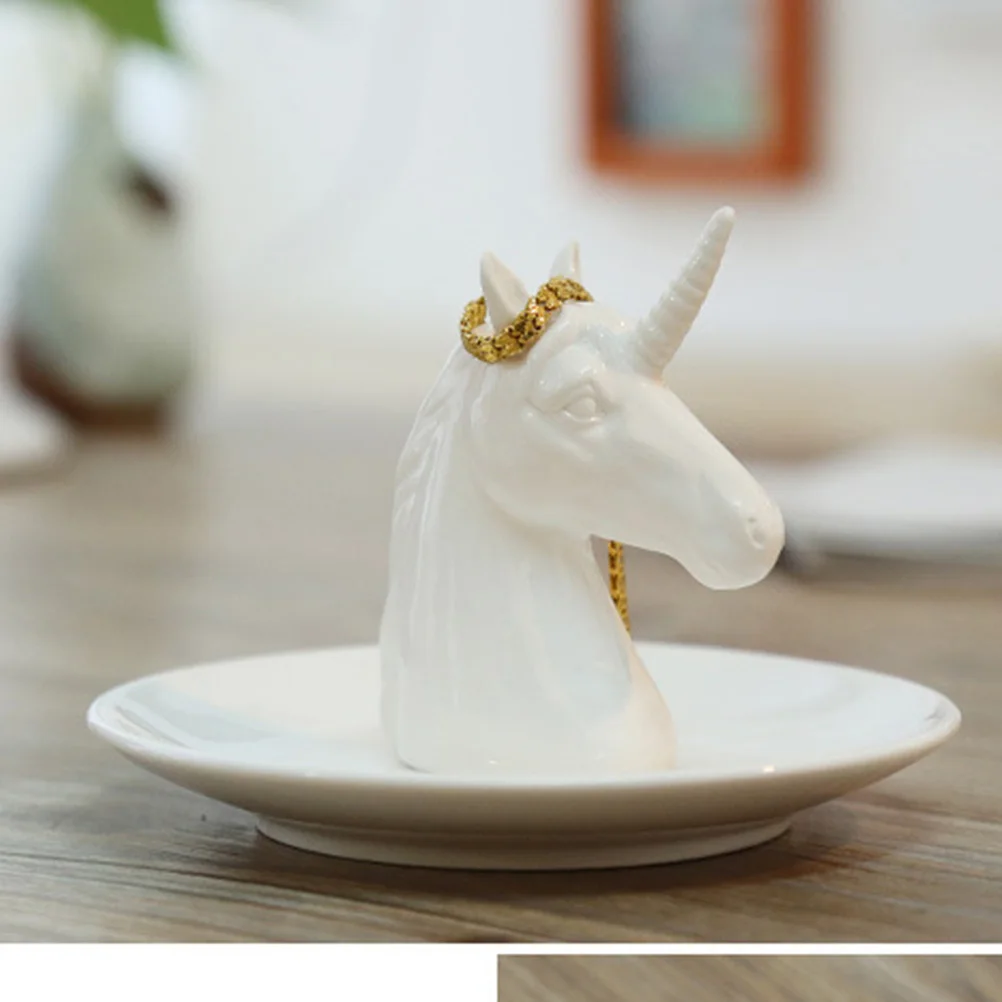 Taca na biżuterię w kształcie jednorożca, ceramiczna, biała, dekoracyjny pojemnik na biżuterię z motywem zwierzęcym, ozdoba na biurko do domu, na wesele.