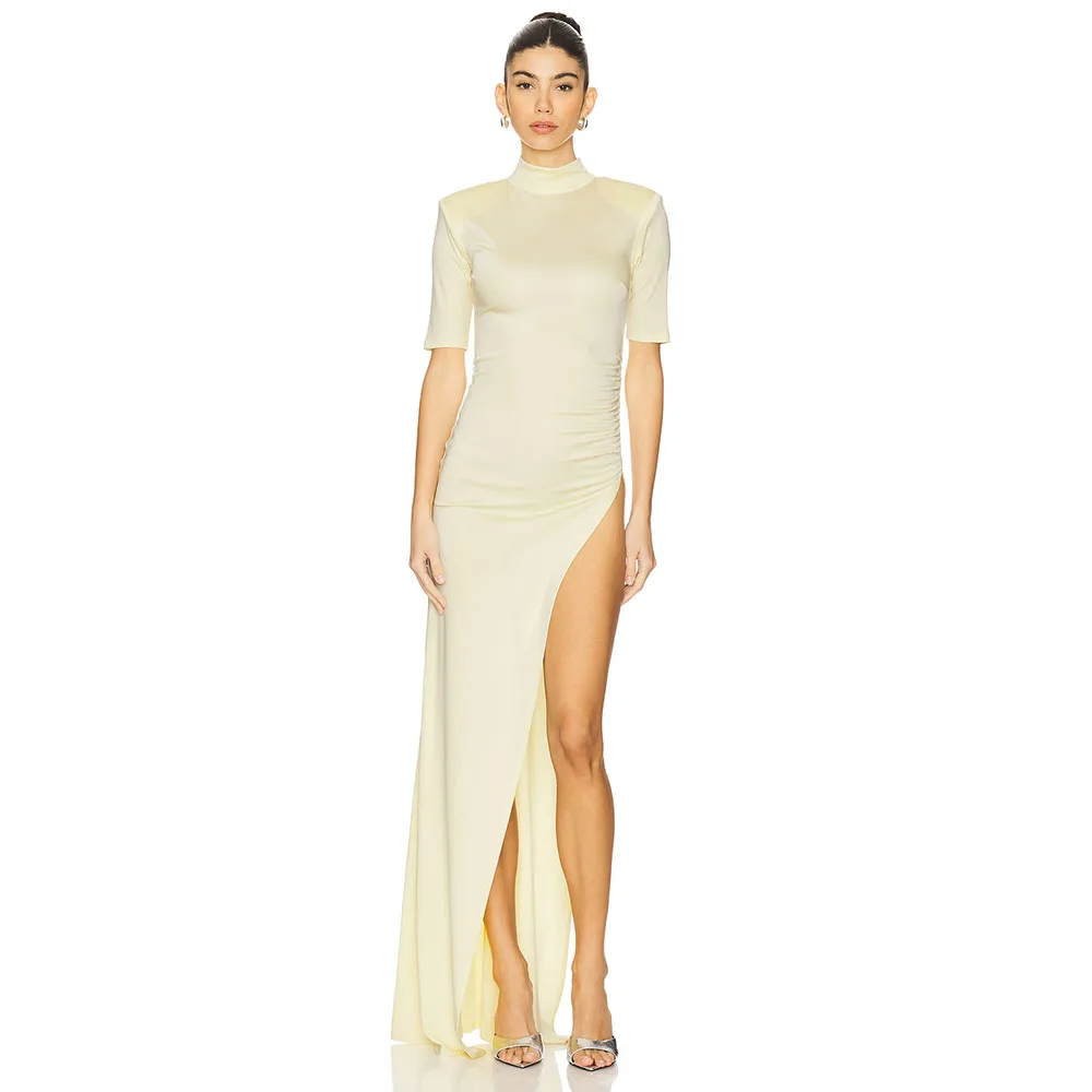 

Modern Evening Gown High Neck Short Sleeves Women's Prom Dress Floor Length Formal Party Dress Mermaid Slit Saudi Dress