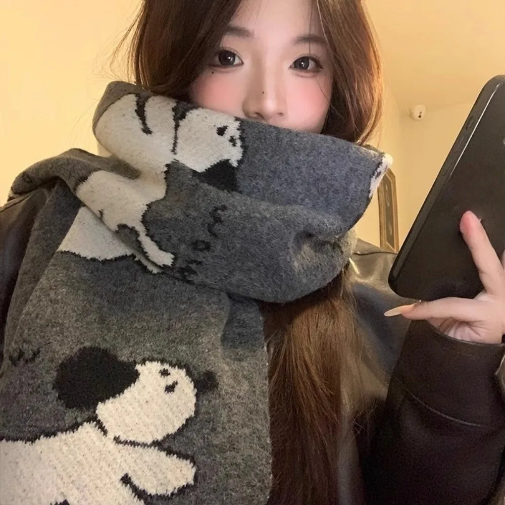 

Fashion Lightweight Puppy Pattern Scarf Korean Style Warm Cashmere Blend Scarf Windproof Cute Knitted Shawl Winter