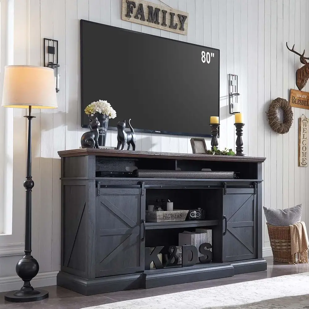 

80 Inch TV Stand with Sliding Barn Door, Storage Cabinet, Soundbar Shelf, and Adjustable Shelves