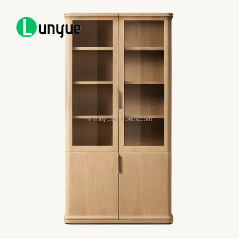French Solid Wood Sideboard Double Door Glass Cabinet Elegant Storage Furniture for Living Room Kitchen Home Decor