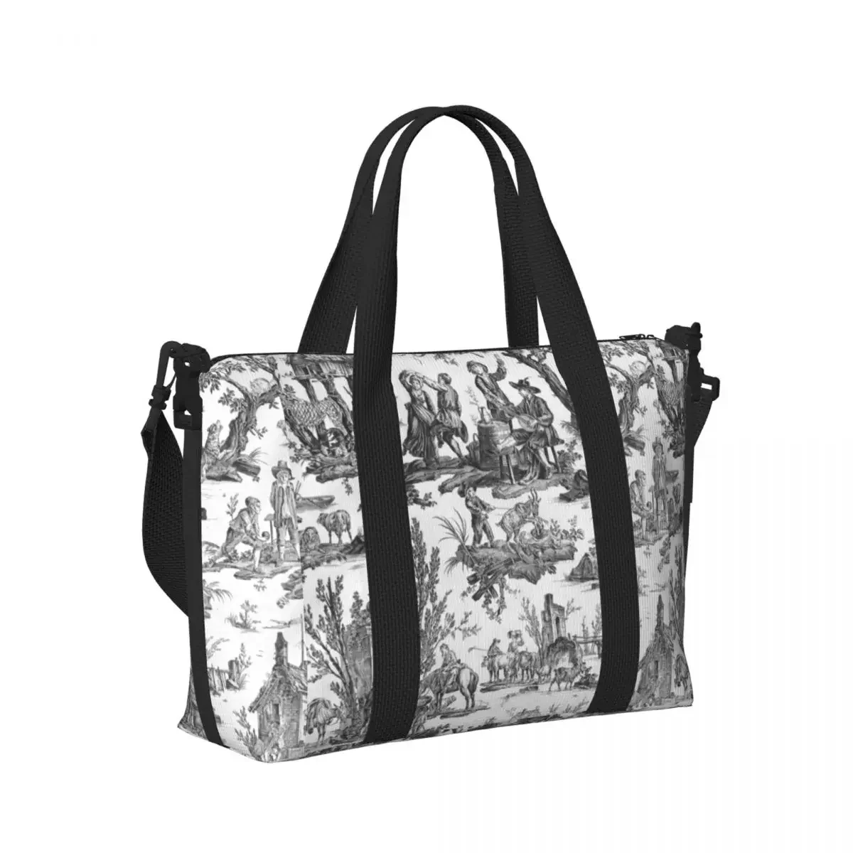 Custom Black And White Toile De Jouy Beach Tote Bag Women Extra Large Gym Carry On French Motifs Floral Travel Shopping Bags
