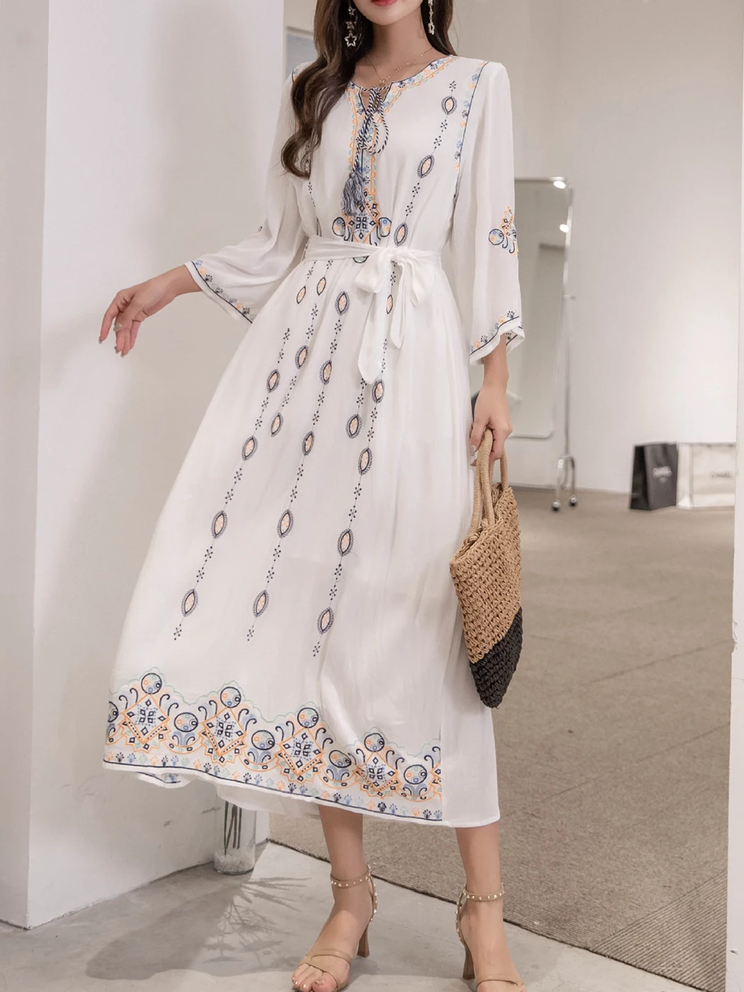 Jastie Boho Floral Embroidery Midi Dress Women Summer Belt O Neck Long Sleeve Casual Dresses Elegant Holiday Party Vestidos 2022