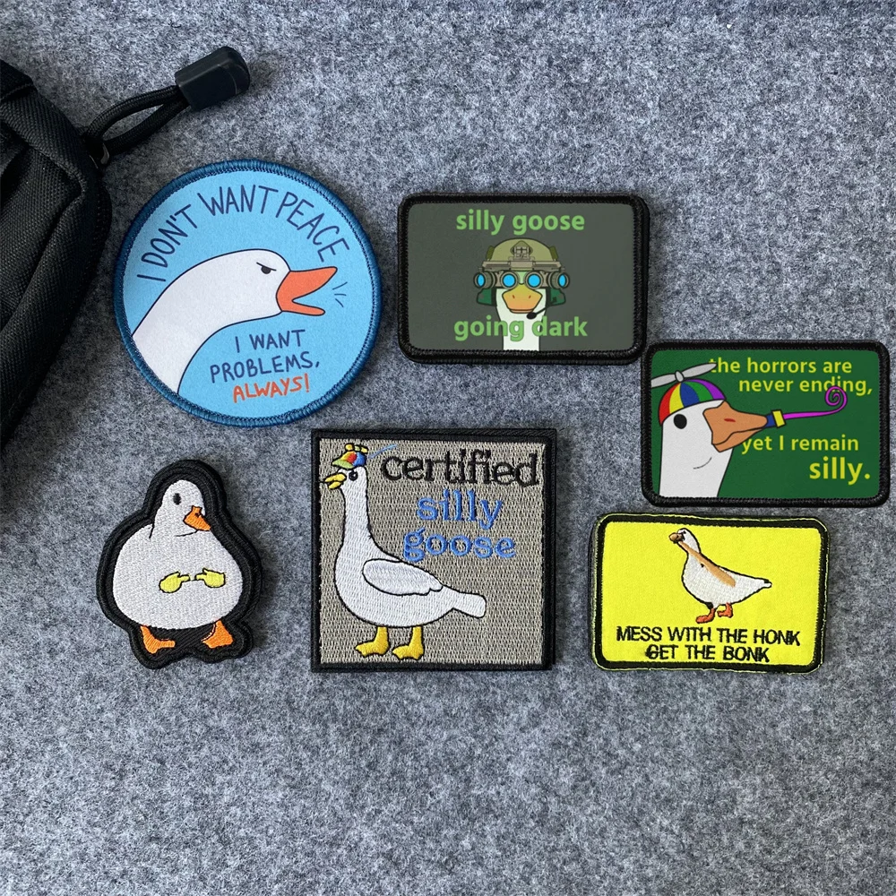 Silly Goose Printed Funny Humor Hook and Loop Cloth Patch Shy Big White Goose Embroidered Tactical Backpack Morale Badge Sticker