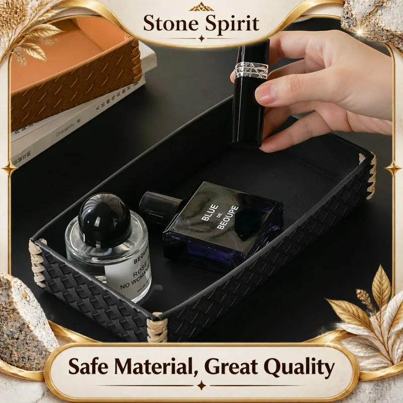 Handmade Woven Leather Rectangular Tray, Luxury Makeup Perfume Organizer for Entryway Vanity, Cosmetic Storage Tray Desktop Gift
