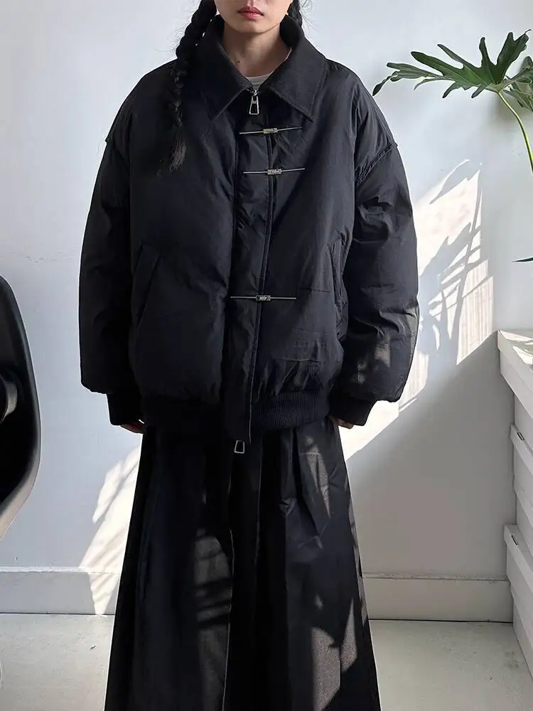 

HUISONG Niche Metal Buckle Patchwork Corduroy Collar Thick Cotton Padded Jacket Loose Casual Korean Coat for Women Autumn Winter