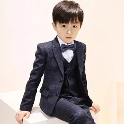 Children Plaid Gary Jacket Vest Pants Bowtie 4PCS Photograph Suit Kids Tuxedo Dress Birthday Party Costume Boys Wedding Dress