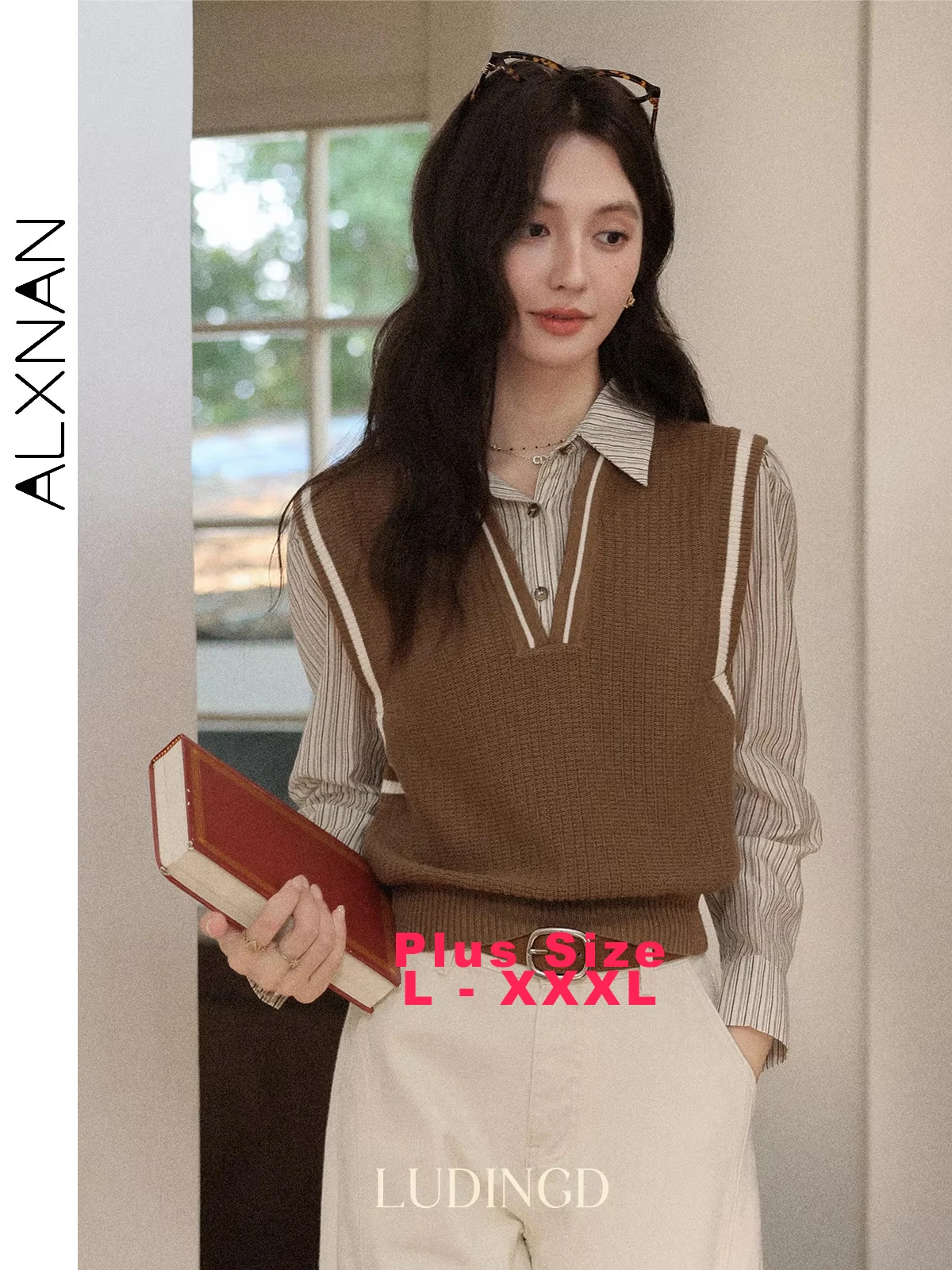 

ALXNAN Коричневая полосатая рубашка больших размеров, свитер из двух частей с лацканами, жилет, рубашка, осенние офисные женские топы с длинными рукавами, женские D12875