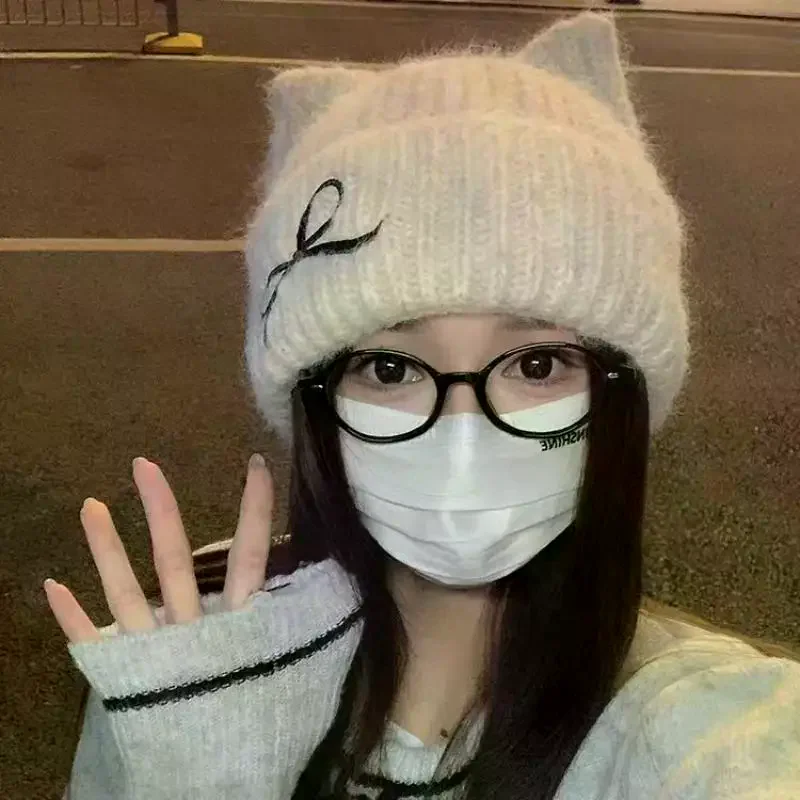 

Осенне-зимняя вязаная шапка с милыми кошачьими ушками для женщин, шерстяная шапка с милым бантом и вышивкой, ветрозащитная защитная шапка для ушей от холода