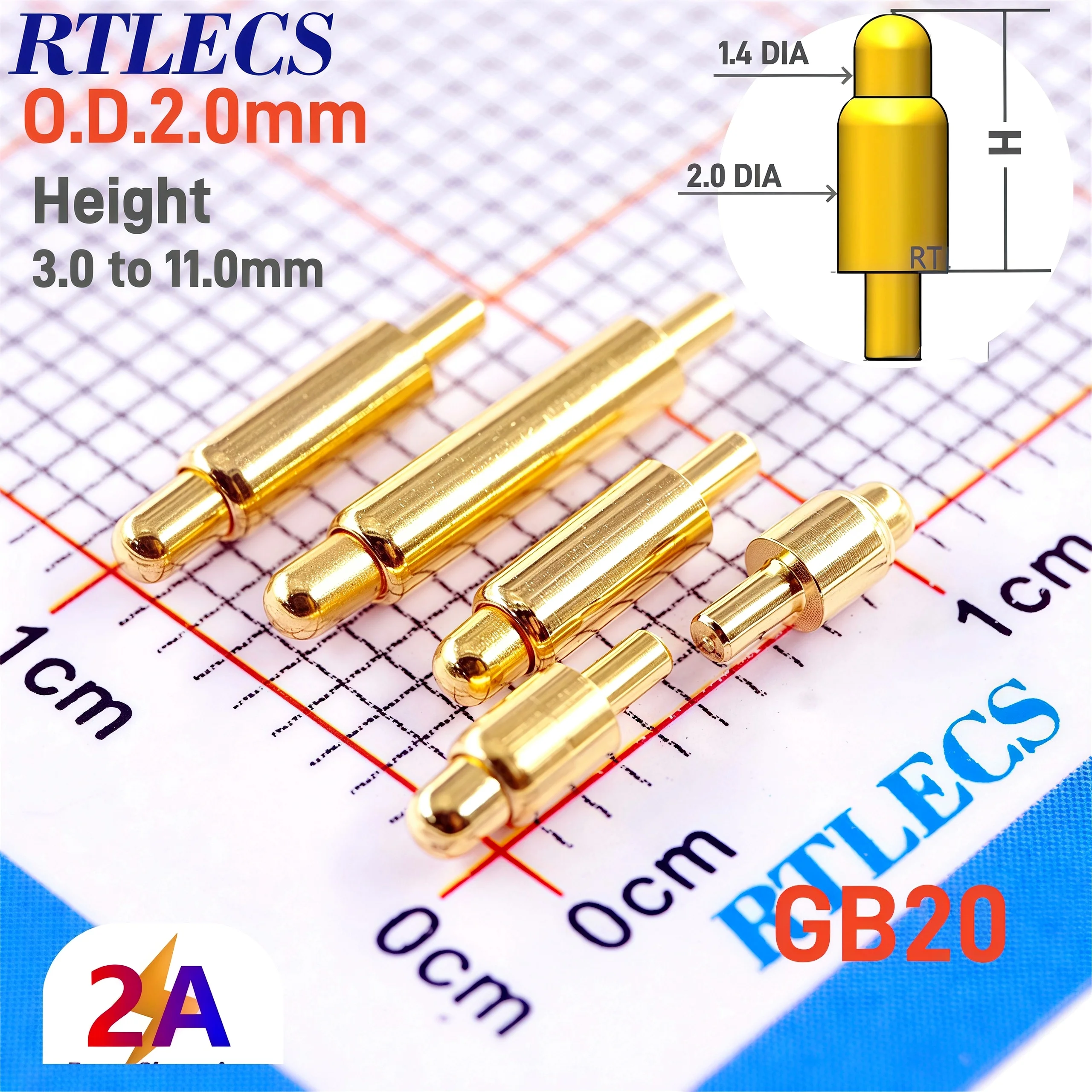 2/10/50 PCS Outer Diameter 2.0 MM Spring Loaded Pogo Pin Connector Battery Contact Probe Power Charge Overall Size 2.0MM