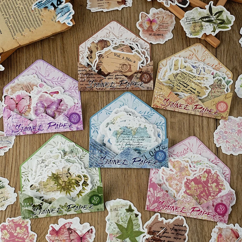 Stained Notes Series Vintage Plant Flower English Words Landscape Sticker Creative DIY Journal Material Collage Stationery