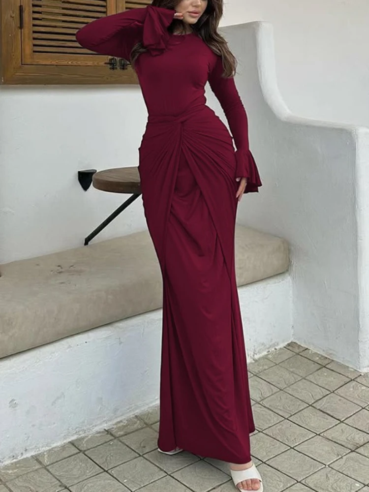 

Tossy Fashionable Ruffled Lacing Long Dress For Women Butterfly Sleeve Tapered Waist Solid Party Dress Evening Female Maxi Dress