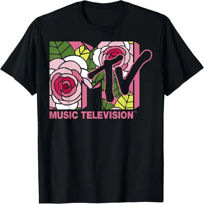MTV Music Television Stained Glass Rose Floral Logo Retro 90s Vintage Graphic T-Shirt Short Sleeve Cotton Tee Tops