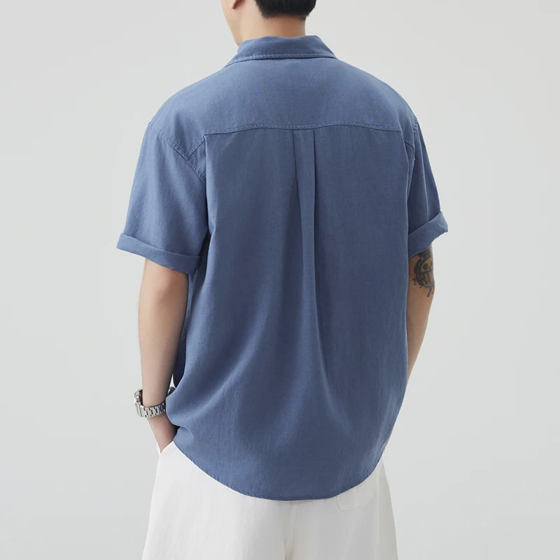 Brand Clothing Spring Summer Linen Cotton Blend Men's Short Sleeve Shirt Old Money Loose Fit Casual Light Luxury Blue White