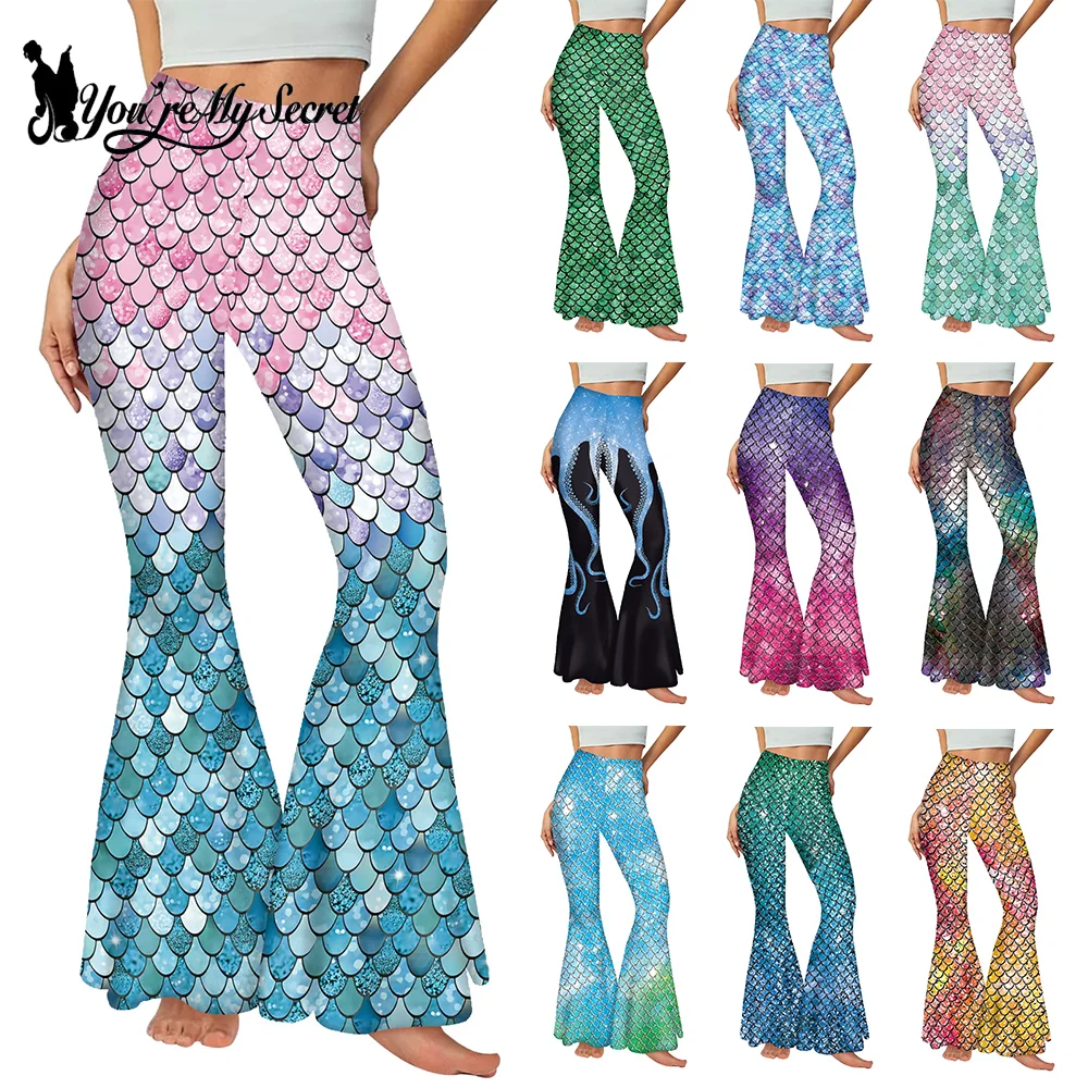 

[You're My Secret] Women Mermaid Style Bell Bottom Pants Fish Scale Print Elastic High Waisted Sexy Colorful Shiny Flare Pants