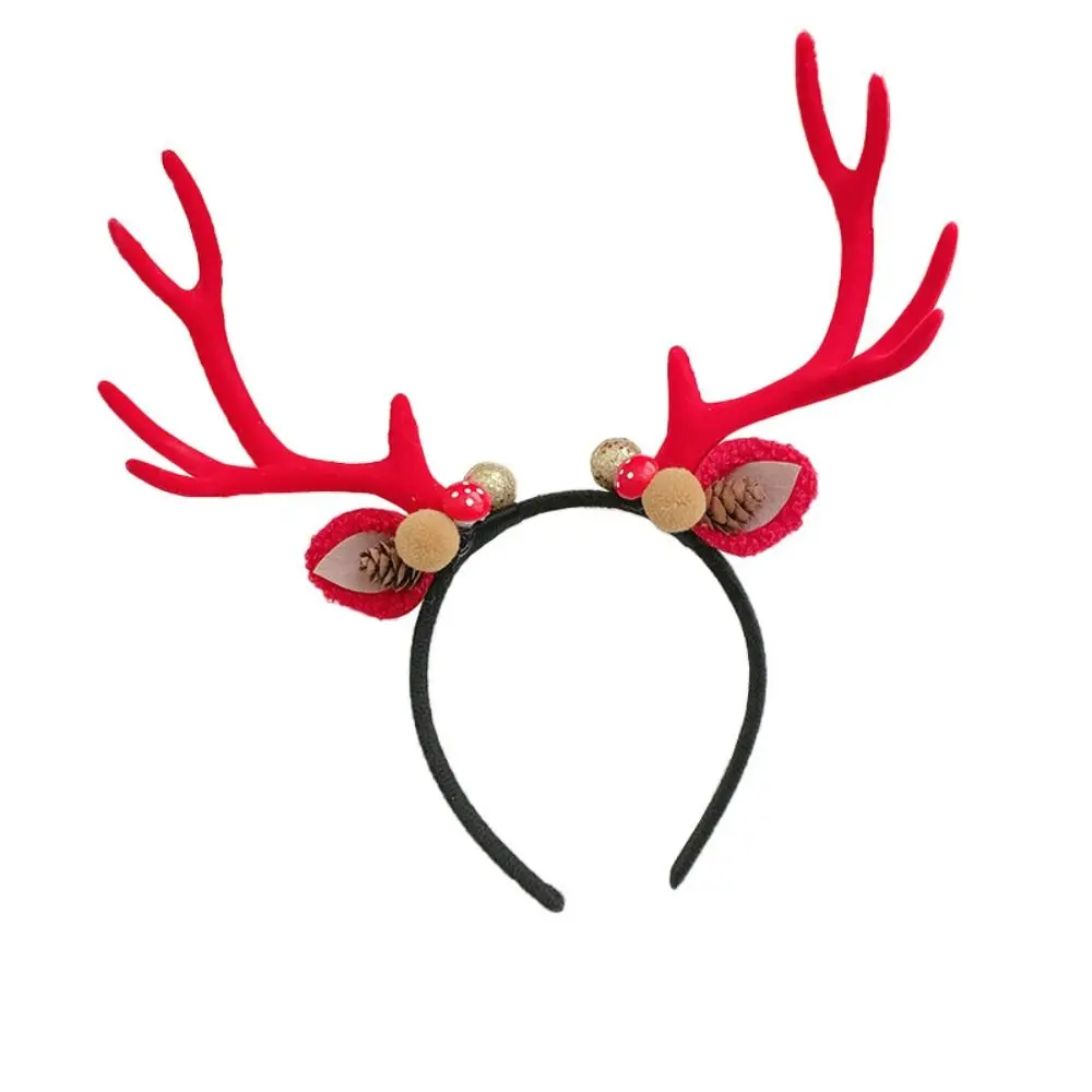 

Забавная рождественская повязка на голову с колокольчиками, бантом, цветами и оленьими рожками, украшение для волос, новогодняя повязка с оленьими ушками для детей