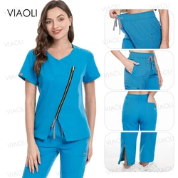 Zip Jacket+Pocket Pants Medical Uniform Women Scrub Set Nurse Accessories Hospital Dental Clinic Work Suit Beauty Salon Workwear