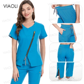 Veste zippée et pantalon de poche pour femme, uniforme médical, ensemble de gIslande, accessoires d'infirmière, travail de clinique dentaire hospitalier, vêtements de travail de salon de beauté imbibés