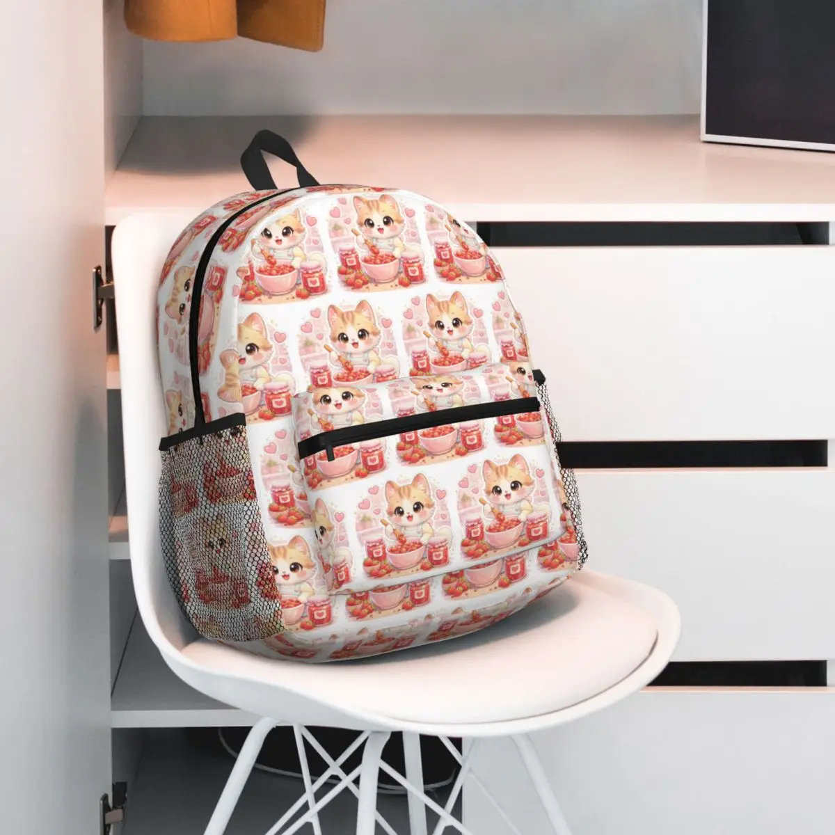 Kitten Making Strawberry Jam Pastel Cat Kitchen Dessert Backpack Student BookBag Kids School Bag Shoulder Bags for Men Women