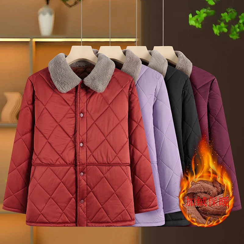 

Winter Cotton Coat Women Female Lapel Warm Parkas Overcoat Cotton-Padded Jacket Quilted Plaid Outerwear