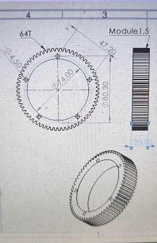 Customized Material 45# Steel Module 1.5, 12 Teeth 14 Teeth 16 Teeth, Plus 2 Ring Gears with 64 Teeth