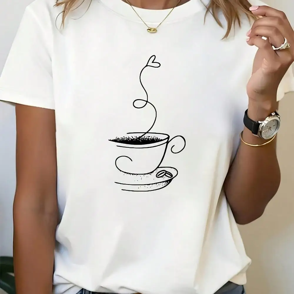 Coffee Scented Themed T-Shirt - Short Sleeve Casual Round Neck Top With Coffee Bean Cup Print - H-Line Regular Fit Blouse For Spring Summer Fall