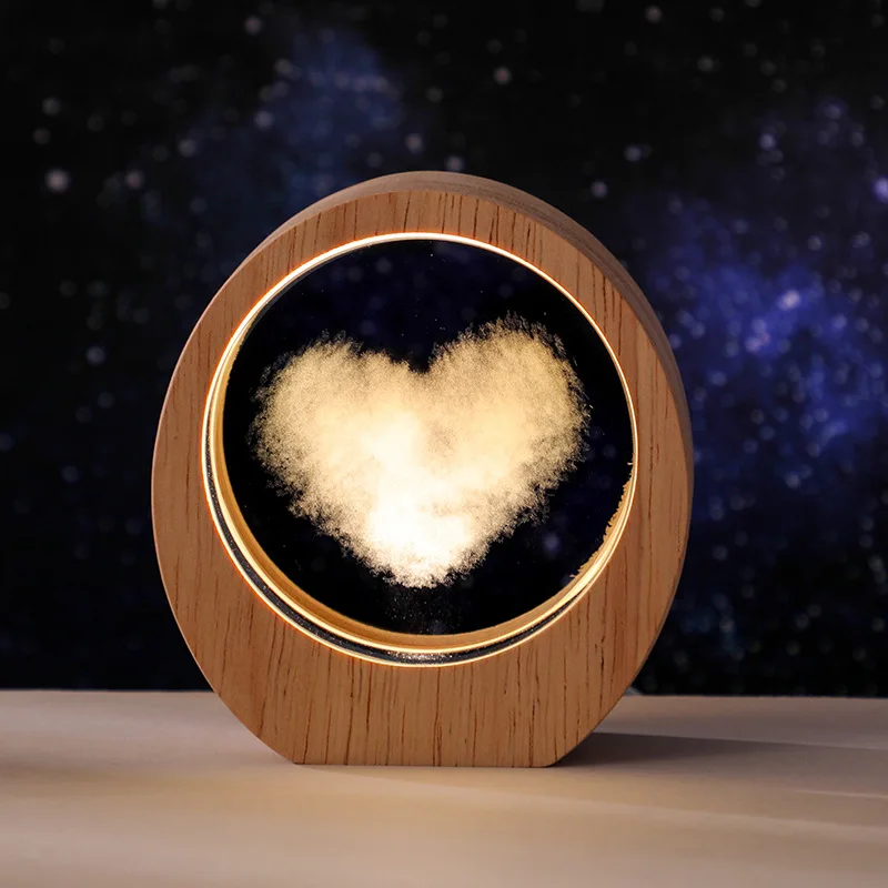 3D Engraved LED Light Crystal Night Light Wooden Base Desktop Decor Birthday Gift