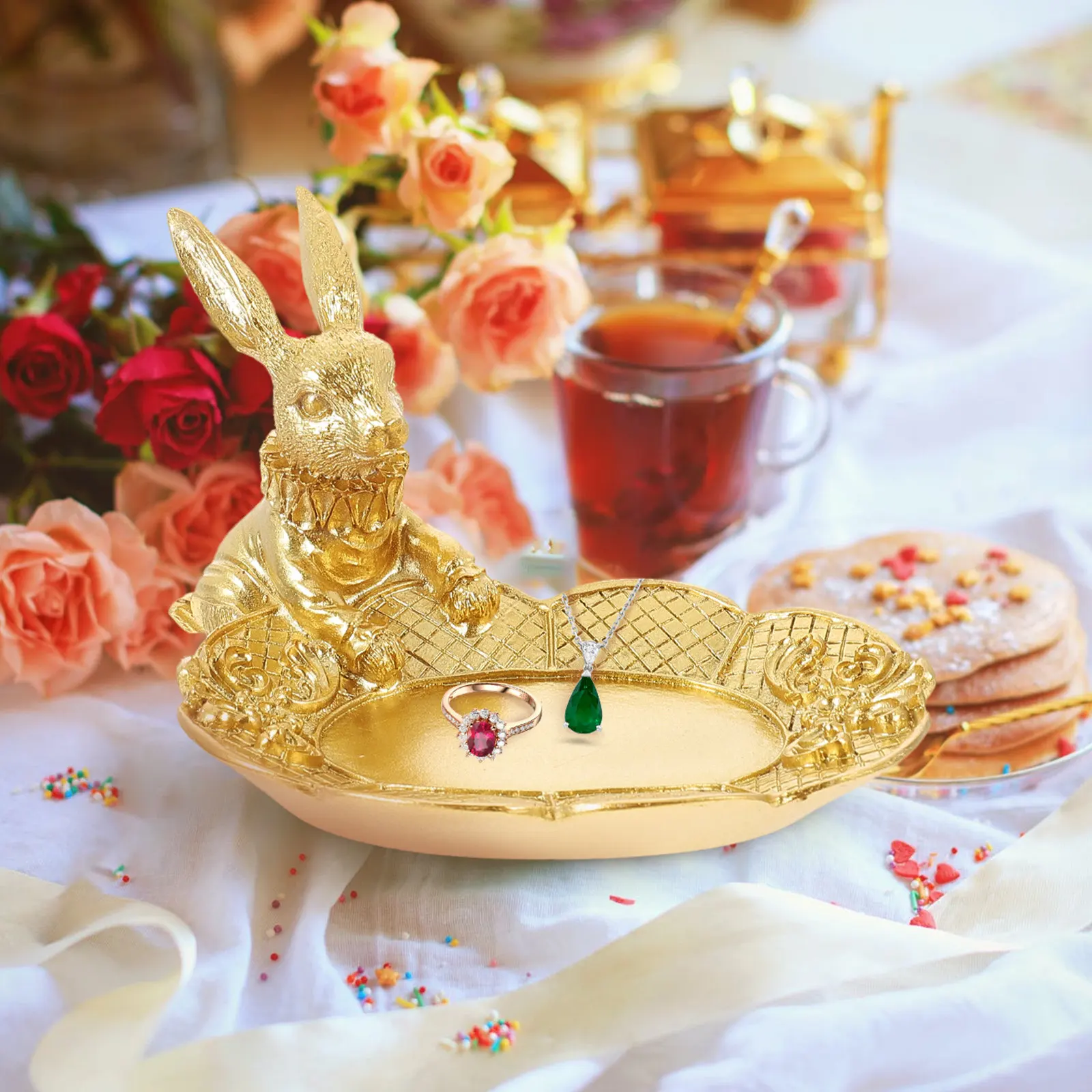 Bunny Jewelry Tray European Style Vintage Ring Dish Desktop Decor Jewelry Storage Plate for Necklaces Bracelets Coins Photo Prop