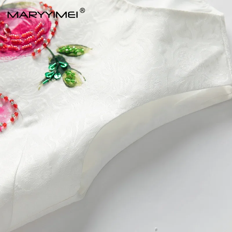 MARYYIMEI Zomer Nieuwe Collectie vrouwen Jurk O-hals Korte Mouwen Jacquard Kralen Witte Jurken