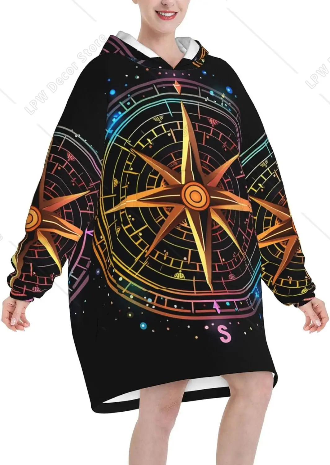 Compass Rose Adult Flannel Hooded Blanket Sweatshirt Soft Warm With Pockets