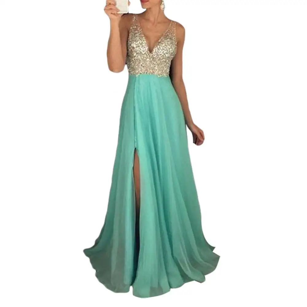 Женское платье, сексуальное платье без рукавов, модное платье с блестками и глубоким V-образным вырезом, длинная юбка