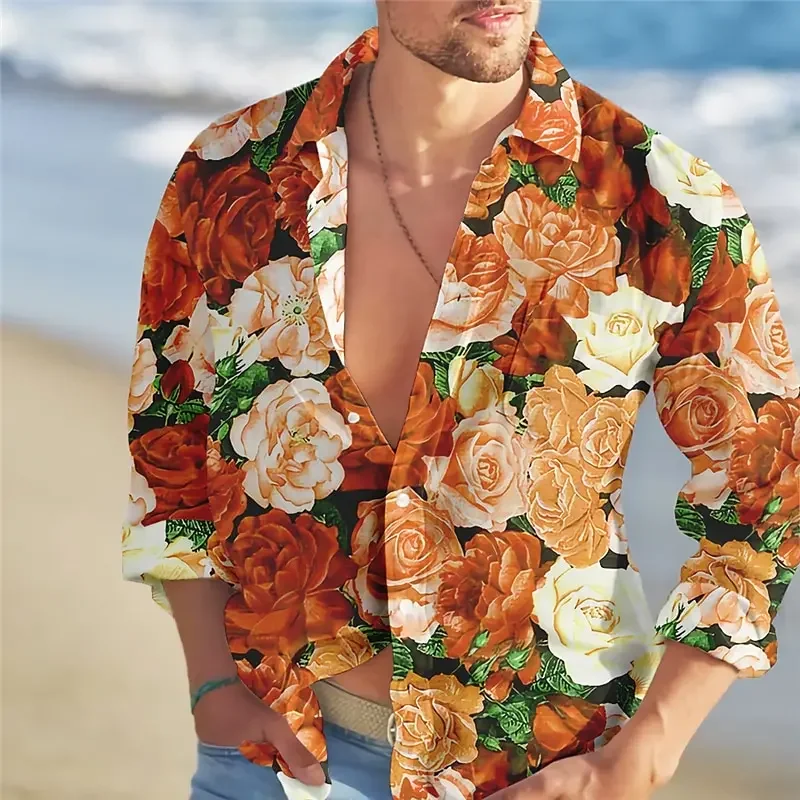 2024 new Rose casual men\'s shirt daily wear spring tour lapel comfortable elegant long-sleeved shirt top