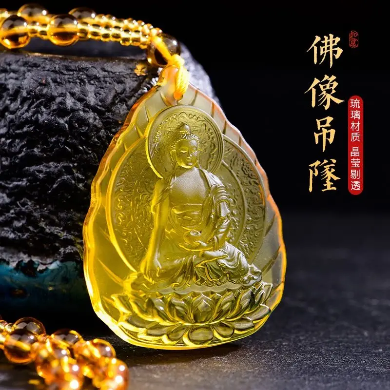 Tantric Buddhist Glass Pendant Manjushri Green Tara Amulet Healing Buddha Necklace Yellow Jambhala Shakyamuni Sacred Jewelry