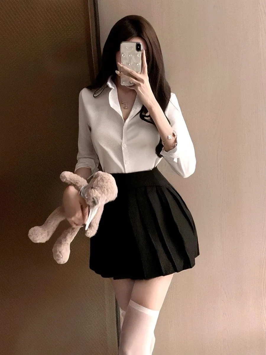 Sexy Pure Desire Cosplay Spicy Teacher Office OL Secretary Blouse Skirt Set Uniform Ensemble Women's Fashion Autumn Polyester