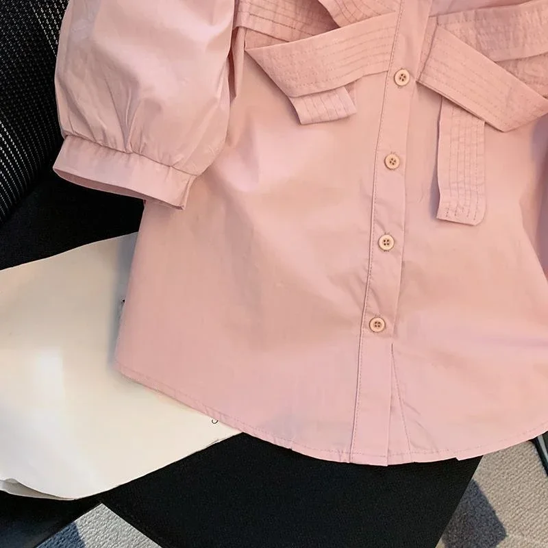 Korean Chic Sweet Bow Lapel Shirts French Style Bubble Short Sleeve Buttoned Blouse Summer Fresh Camisas Casual Elegant Blusas