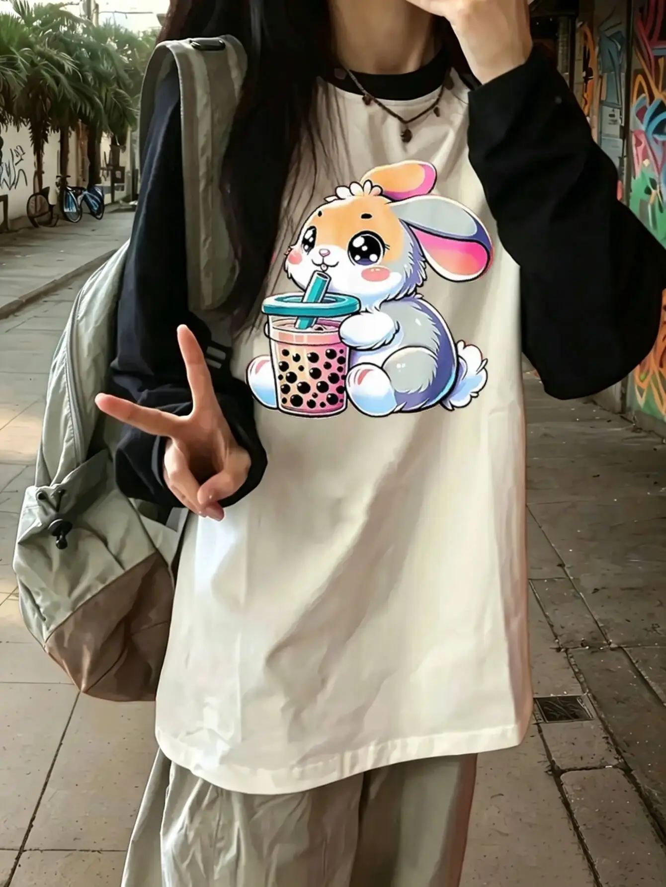 2026 Casual Cute Cartoon Rabbit Drinking Bubble Tea Print Long Sleeve For Women T Shirt Kawaii Animal Graphic Female Tops