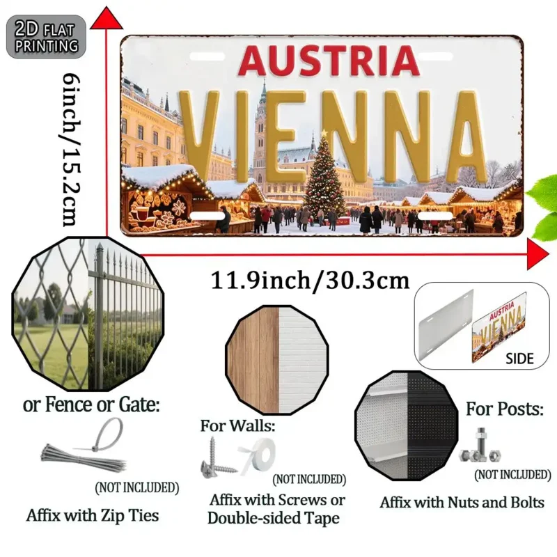 HD Tin Sign, Vintage Austria Vienna Christmas Market License Plate Metal Wall Art, Retro European City Winter Decor for Bar Man