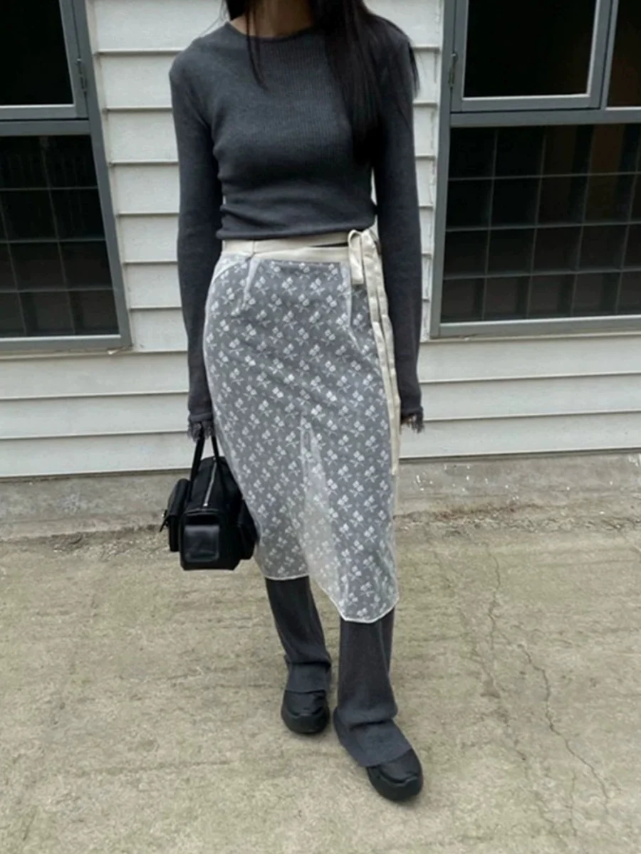 

Женская юбка-миди Ele Lace ter с завышенной талией, А-силуэт, корейский стиль, однотонная, для офиса, зимняя коллекция