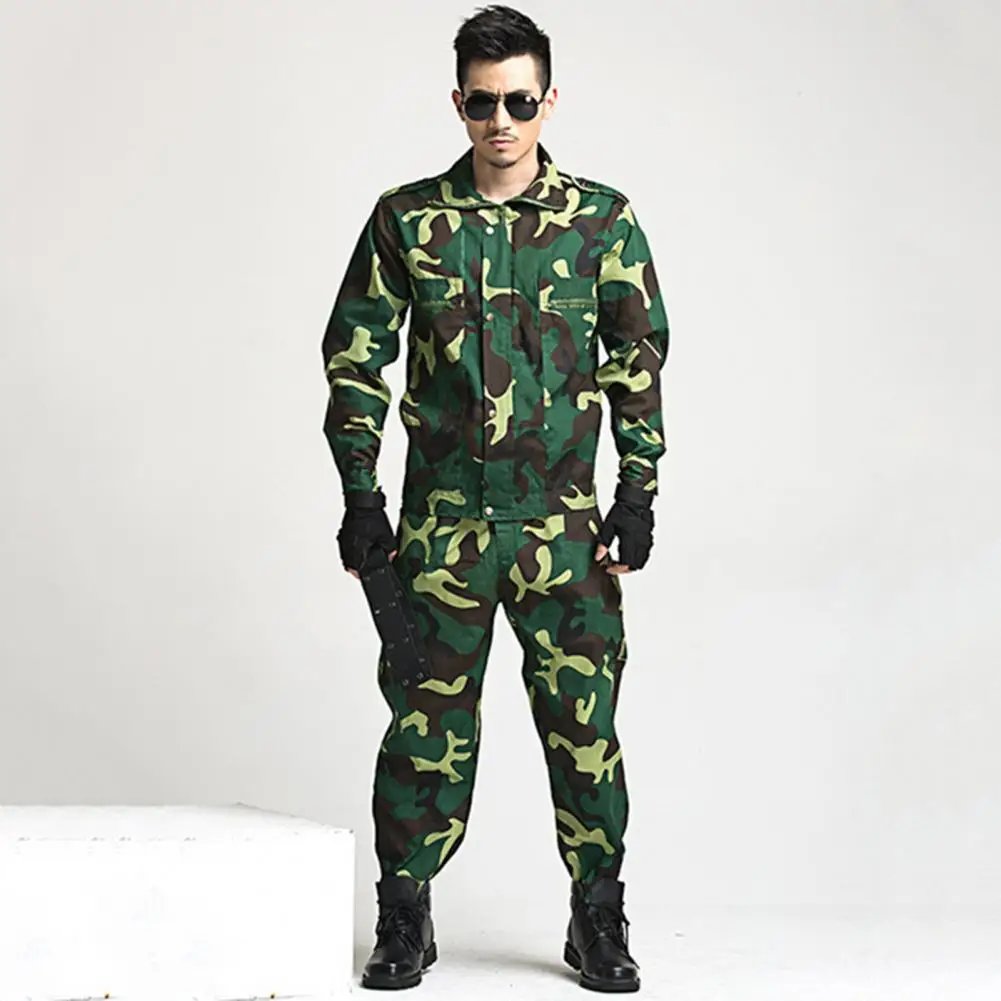 Camouflage Print Men Overalls Suit Multi Pockets Zipper Placket Cargo Jackets Pants Outdoor Male Overalls Suit Training Clothing